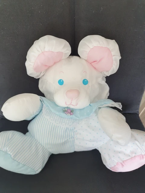 Peluche doudou souris bleu blanc PUFFALUMP FISHER PRICE 1988 mouse white