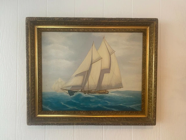 Vintage OIL PAINTING ~ AMERICAN FOLK ART ~ Nautical ~ Sail Boat