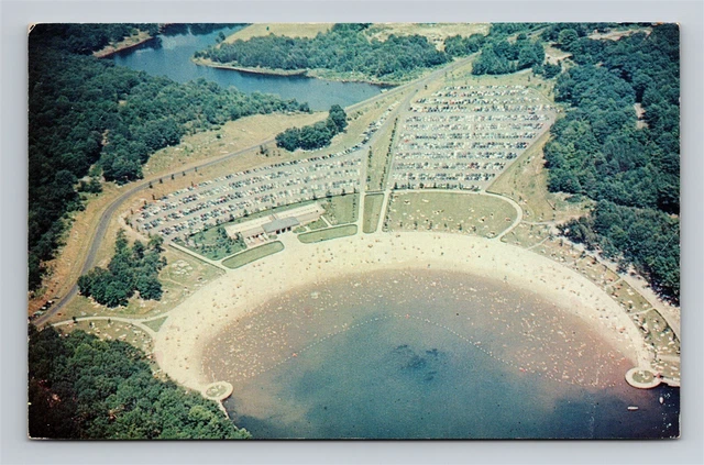 NY Harriman State Park Sebago Lake Beach Bathing Area Vtg Postcard Aerial View 2