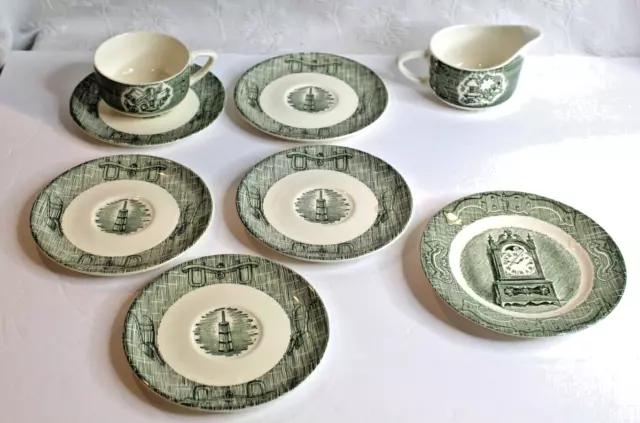 8 Pieces Royal China The Old Curiosity Shop? Dinnerware Green Creamer Saucer Cup