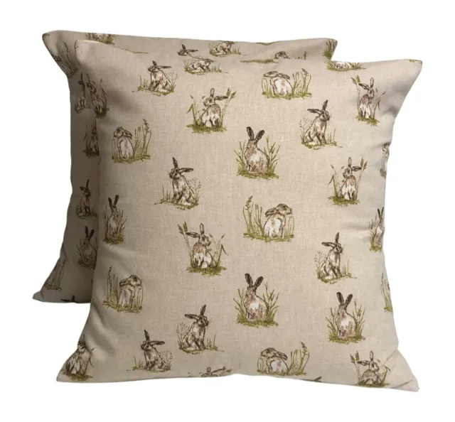 2 x Hares Linen Brown Green Cream Cushion Covers 16" 18" 20" 22"