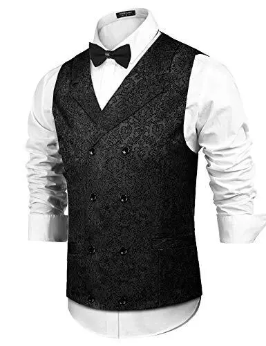 Mens Victorian Vest Steampunk Double Breasted Suit Vest Slim Fit Brocade