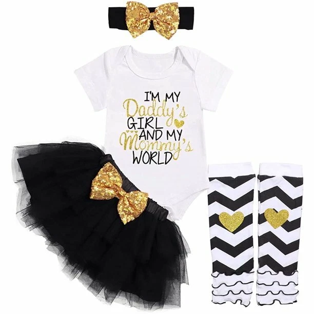 Baby Girl's Letter Printing One-Piece Dress Tulle Short Skirt &Headband Leggings