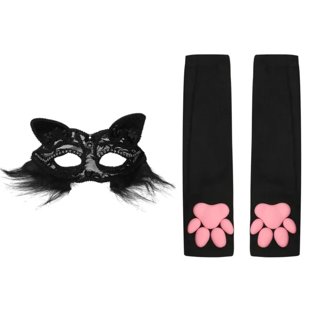 Womens Girls Kitten Cosplay Dress Up Cat Mask Lace Paw Sleeves Halloween Shiny