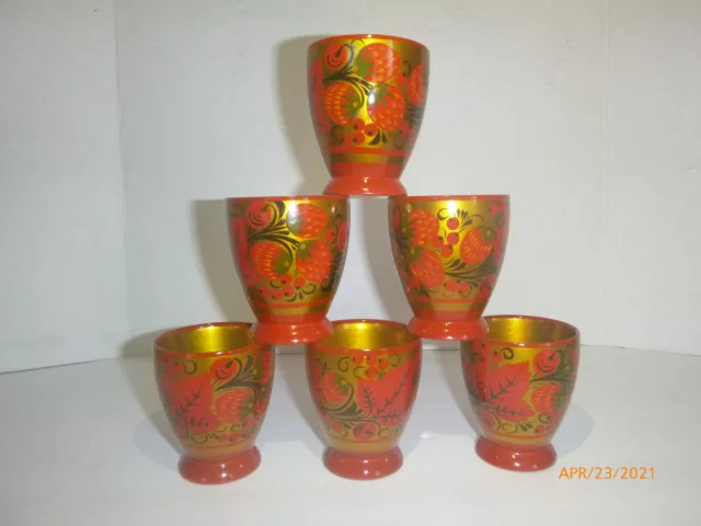 Russian USSR | Wood Khokhloma Hand Painted Set of 6 cup | Vintage Soviet
