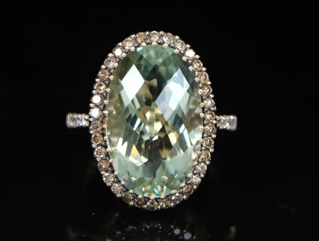 Levian 14k Yellow Gold Prasiolite Chocolate White Diamond Halo Cocktail Ring