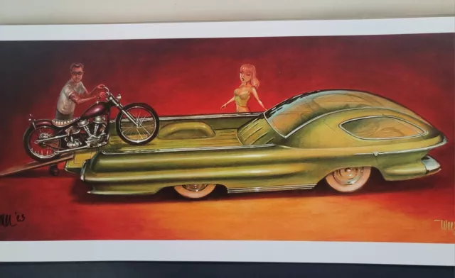 Signed Keith WEESNER poster vtg Harley PanHead Chopper Hot Rod Pickup print bike