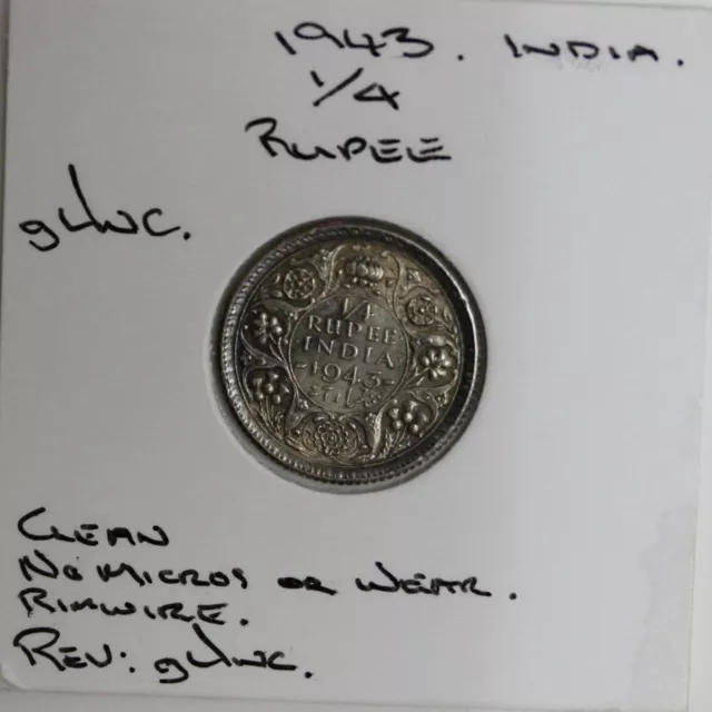 British India Silver Quarter 1/4 Rupee 1943 UNC (JF65)