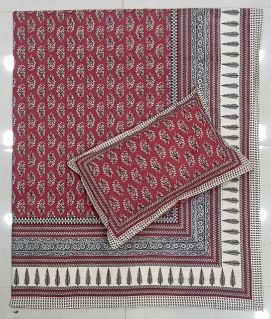 Cama de algodón indio King Sanganeri BlockPrint con 2 fundas de almohada
