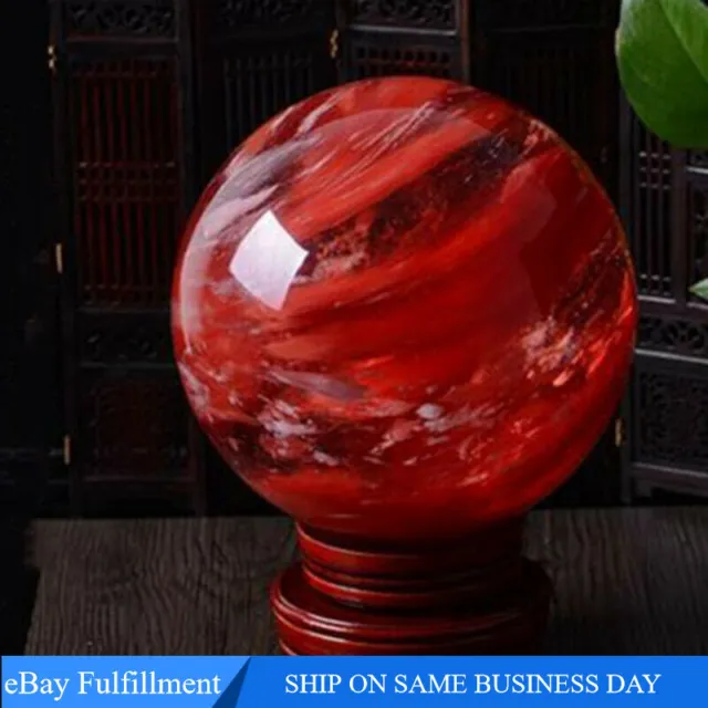 80mm Large Natural Quartz Crystal Sphere Healing Red Smelting Stone Ball + Stand