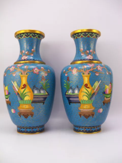 Early 20th Century Pair Blue Chinese Cloisonne Flower Floral Vases Vase