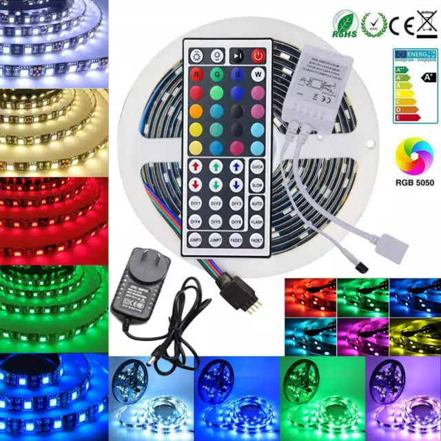 5050 RGB LED Strip Lights Waterproof 5m 10m 20m 12V 44key IR Controller Adapter