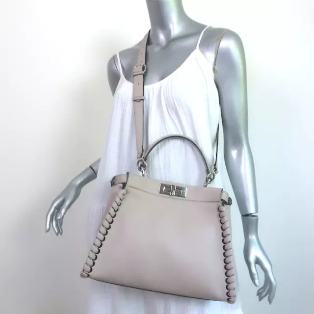 Fendi Peekaboo Medium Whipstitch Satchel Light Gray Leather Shoulder Bag