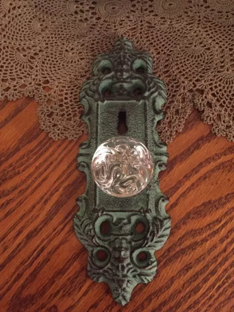 2 Cast Iron Door Plates With Acrylic/Glass Knob In Vintage Turquoise Teal Finish