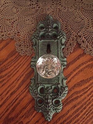 3 Cast Iron Door Plates With Acrylic/Glass Knob In Vintage Turquoise Teal Finish