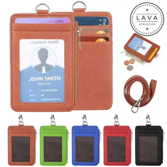 ID Badge Card Holder Synthetic Leather Vertical Clip Neck Strap Lanyard Case US