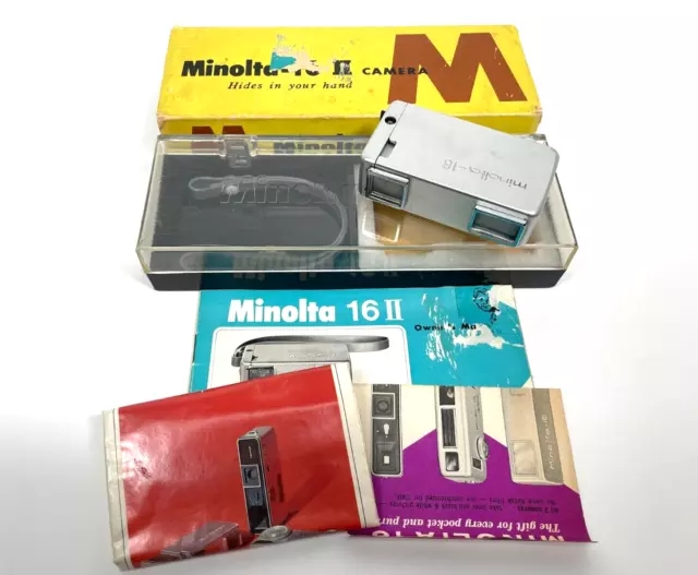 Vintage 1960s MINOLTA 16 II SPY CAMERA lanyard Original Case Manual Box Sub Mini