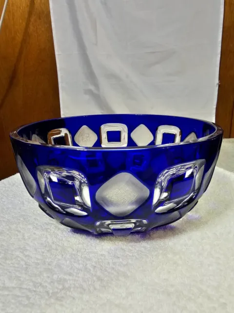 Vtg Glass Bowl Cut to clear geometric diamond square cobalt blue -heavy- 26oz