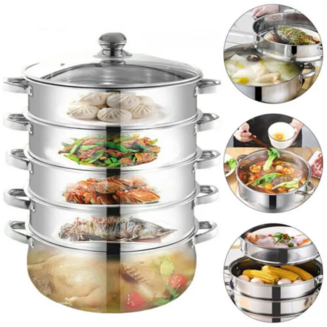 28cm 5 Tier Steam Cooker Steamer Pan Cook Food Veg Pot Stainless Steel