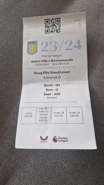 Aston Villa v Afc Bournemouth used ticket stub Premier League 21 04.24