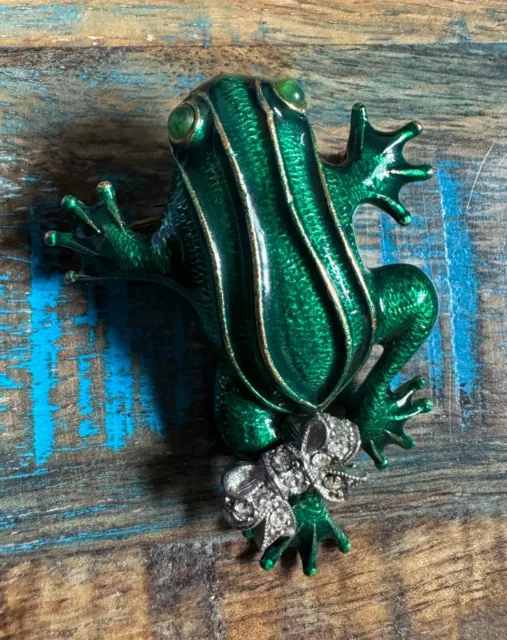 FLORENZA Green Enamel Fancy Rhinestone Gold Frog Brooch 2 1/4"