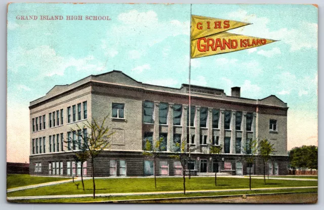 Grand Island Nebraska~Grand Island High School~Pennant Flags~1910 Postcard