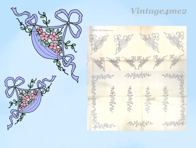 1930s Vintage Betty Burton Embroidery Transfer 1853 Uncut Flower Basket Bow Knot