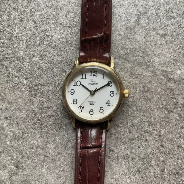 Timex Easy Reader Womens Watch Gold Tone Case White Dial Brown Leather Band D1