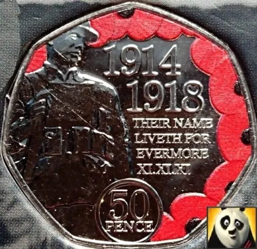2018 ISLE OF MAN 50p Pence Coloured Armistice Day WW1 Remembrance Poppy Unc Coin 2