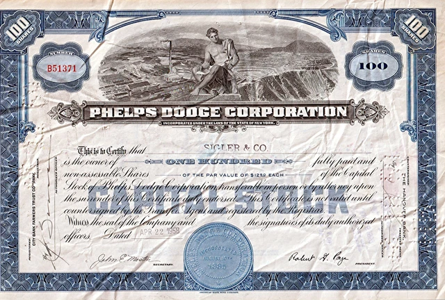 100 shares Phelps Dodge Corporation Stock Cert 1958  65yrs old