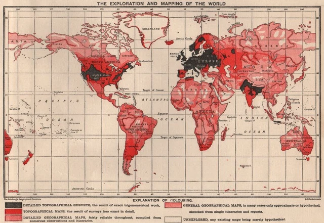 WORLD. Showing the extent of exploration and mapping. BARTHOLOMEW 1901 old