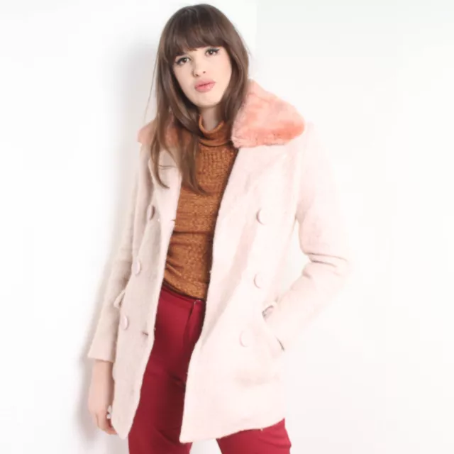 Oasis Womens Faux Fur Collared Pea Coat Jacket - Pink - Size Small S (C8)