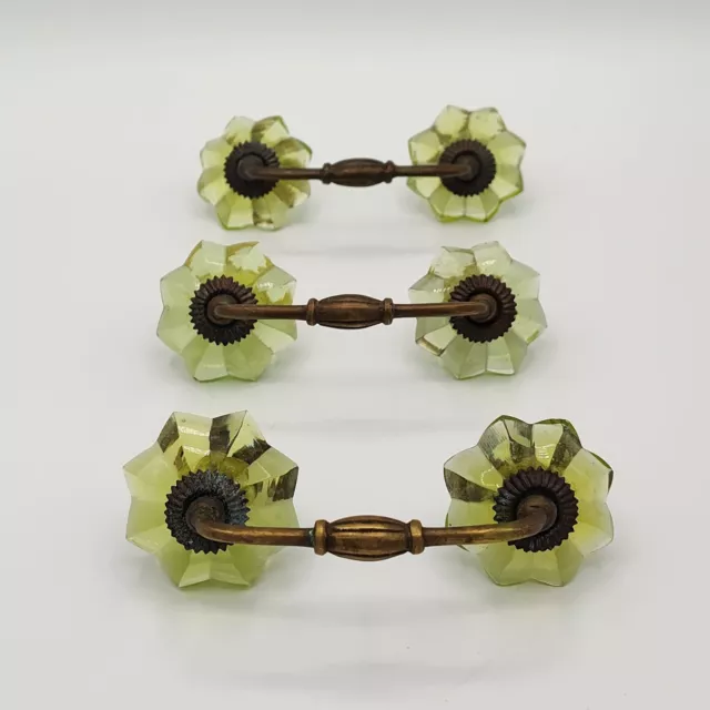 Lot of 3 Vtg Green Melon Glass Brass 3" Drawer Pull Handles - Chipped Tarnished