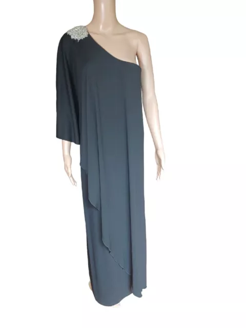 Melanie Harris Womens One Shoulder Ruffled Long Black Dress High Slit Size 10