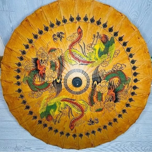 Chinese Oil Paper Umbrella Parasol Decor Handmade Teak Leaf  Bamboo Asian Art