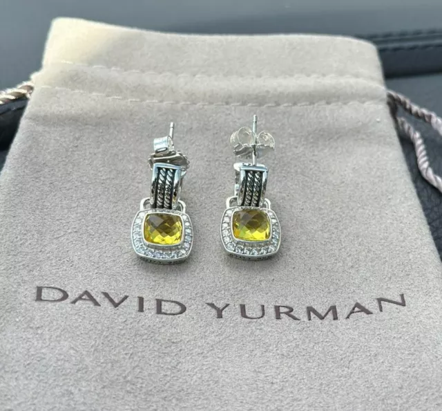 David Yurman Sterling Silver 7mm Albion Drop Earrings Lemon Citrine w/ Diamonds