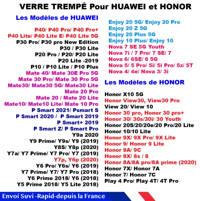 VITRE VERRE TREMPÉ HUAWEI Honor P10/ P20/P30/P40/ MATE VIEW 10 20 30 7X Lite Pro 2