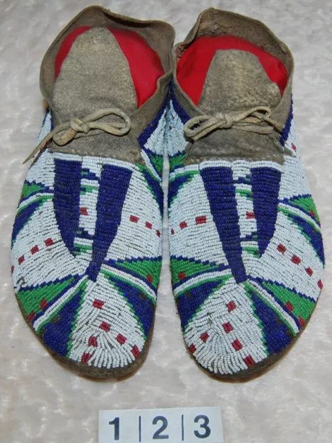 Native American Beaded Sioux 1870-1880, Sinew sewn, on Buffalo Hide Moccasins