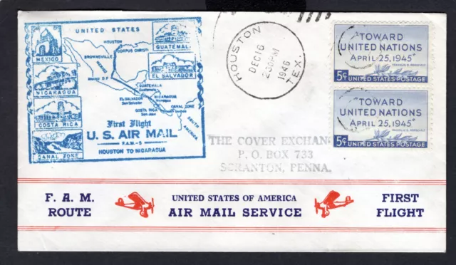 1946 First Flight cachet cover FAM5 HOUSTON TX to MANAGUA, NICARAGUA