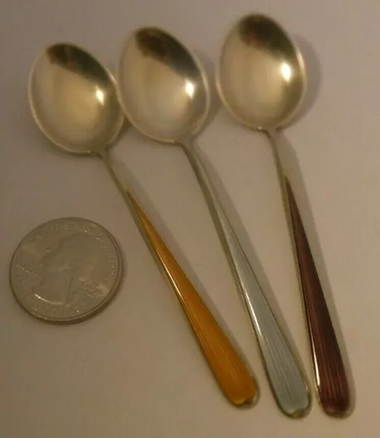 3 NM Thune Sterling Silver Guilloche Enamel Gold Gilt Demitasse Spoons Norway