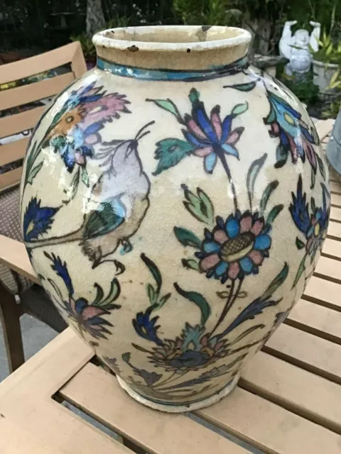18th-19th Century Middle Eastern Islamic Qatar Vase With Flowers & Birds 12"x9" 2