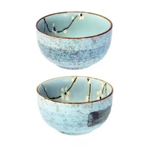 SET of 2 PCS. Japanese 5"D Rice Soup Bowls Grey Ume Cherry Blossom Made in Japan