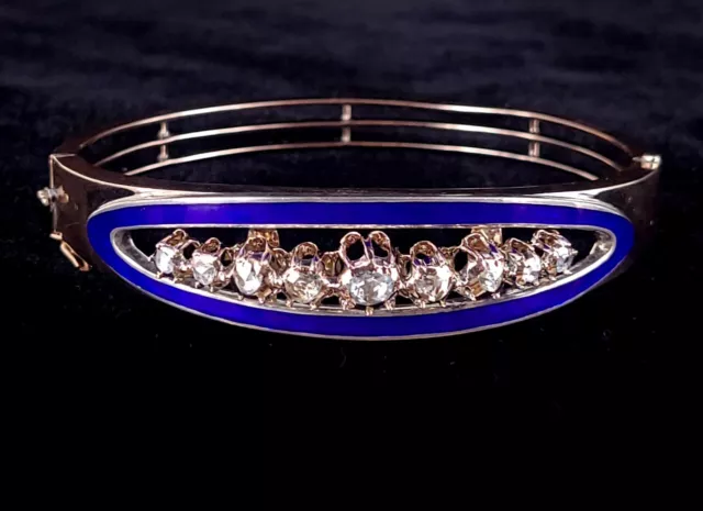 Ancien 10k Or Géorgien 3ct Rose Coupe Diamant Émail Bleu Bracelet 17.8cm 2