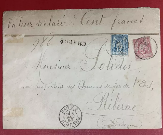 France, 15c and 50c Peace and Commerce Stamps used on 1893 Registered Cover