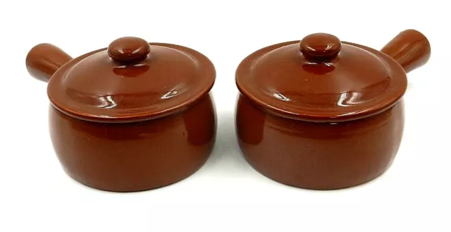 Vintage Set Of 2 Small Brown Handled Baked Bean Pots