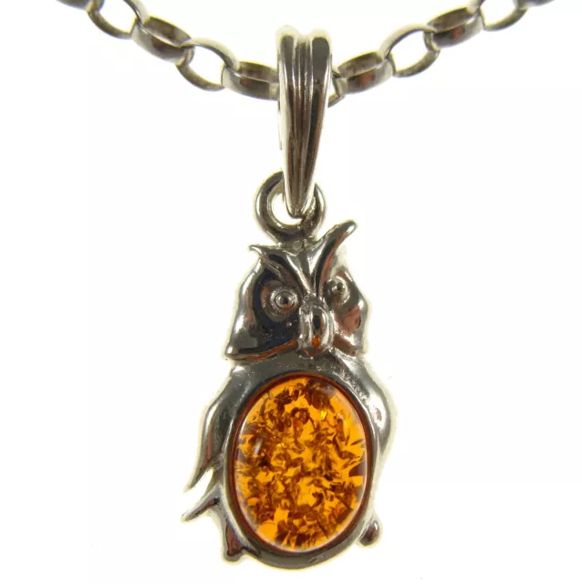 Baltic Amber Sterling Silver 925 Owl Bird Pendant Necklace Chain Jewellery Gift