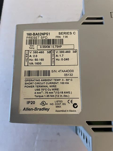 Allen Bradley 160-BA02NPS1 series C.  Variable Speed Controller .55kw/.75HP B/9