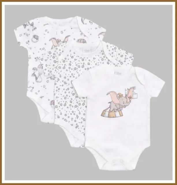 Disney Baby Dumbo Character Bodysuit 3 Pack Boys Girls Vest Set Newborn NEW