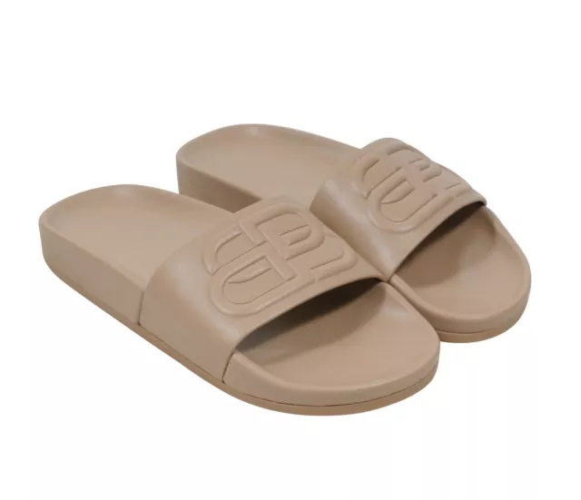 Balenciaga Womens BB Logo Sandals US 5 EU 35 Tan Leather Pool Slides Flip Flops