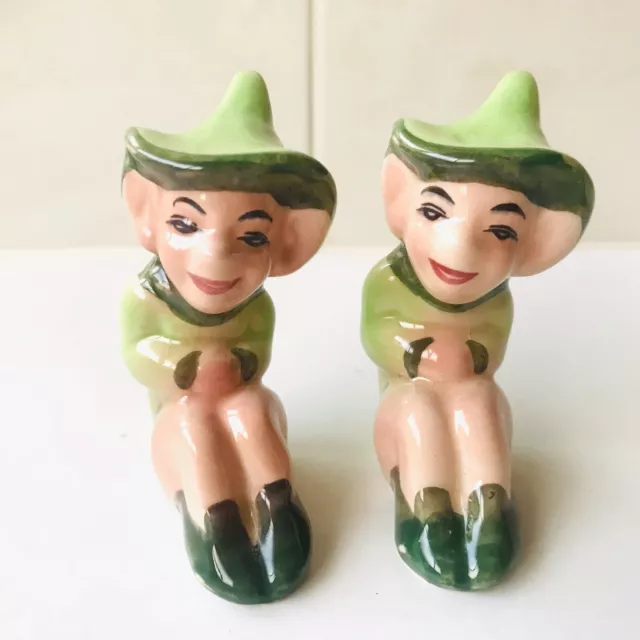 Vintage Pixie Elf Salt And Pepper Shakers  - Green - Unused Japan 1950’s